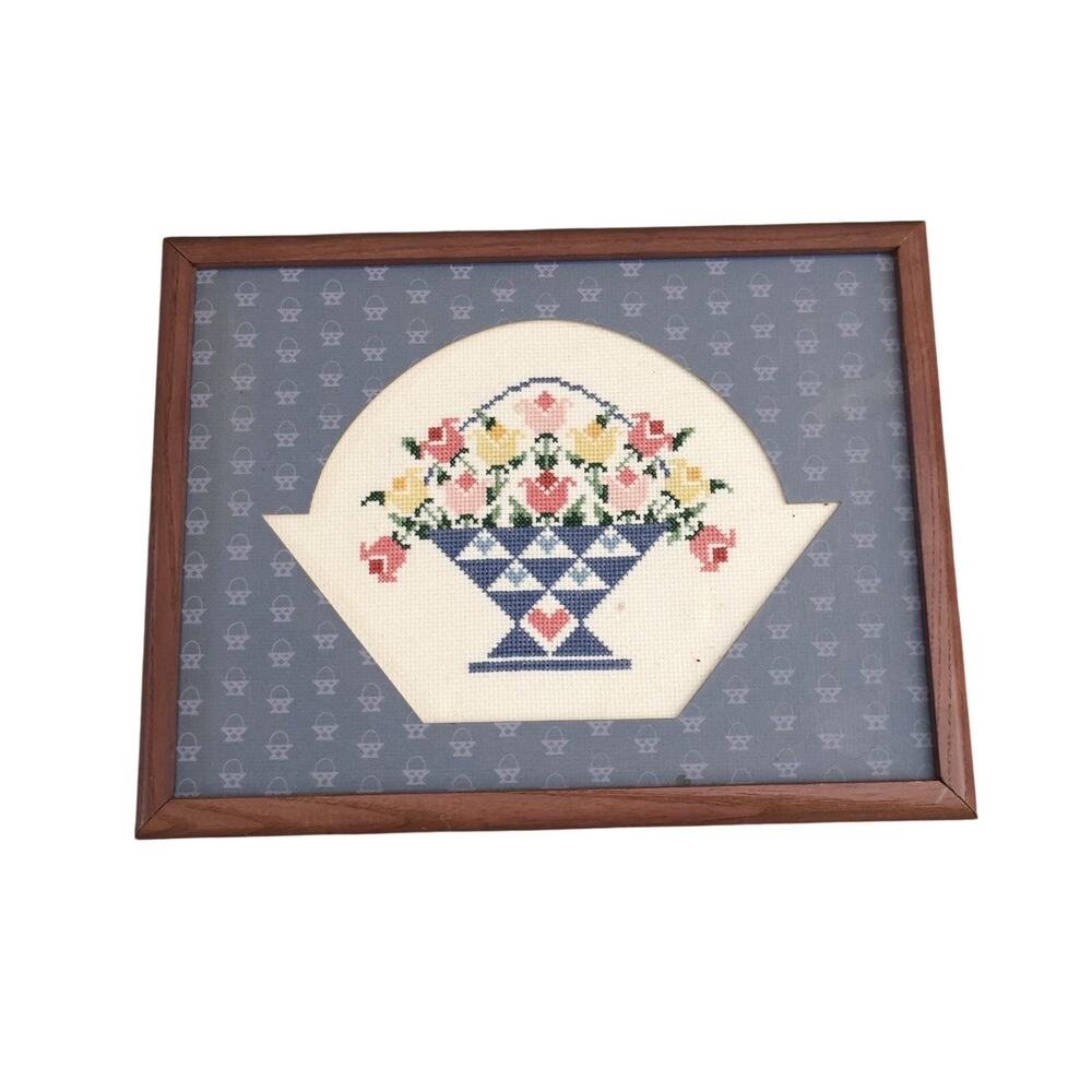 Vintage Cross Stitch Embroidered Rose Flower Bouquet Decorative Frame Granny
